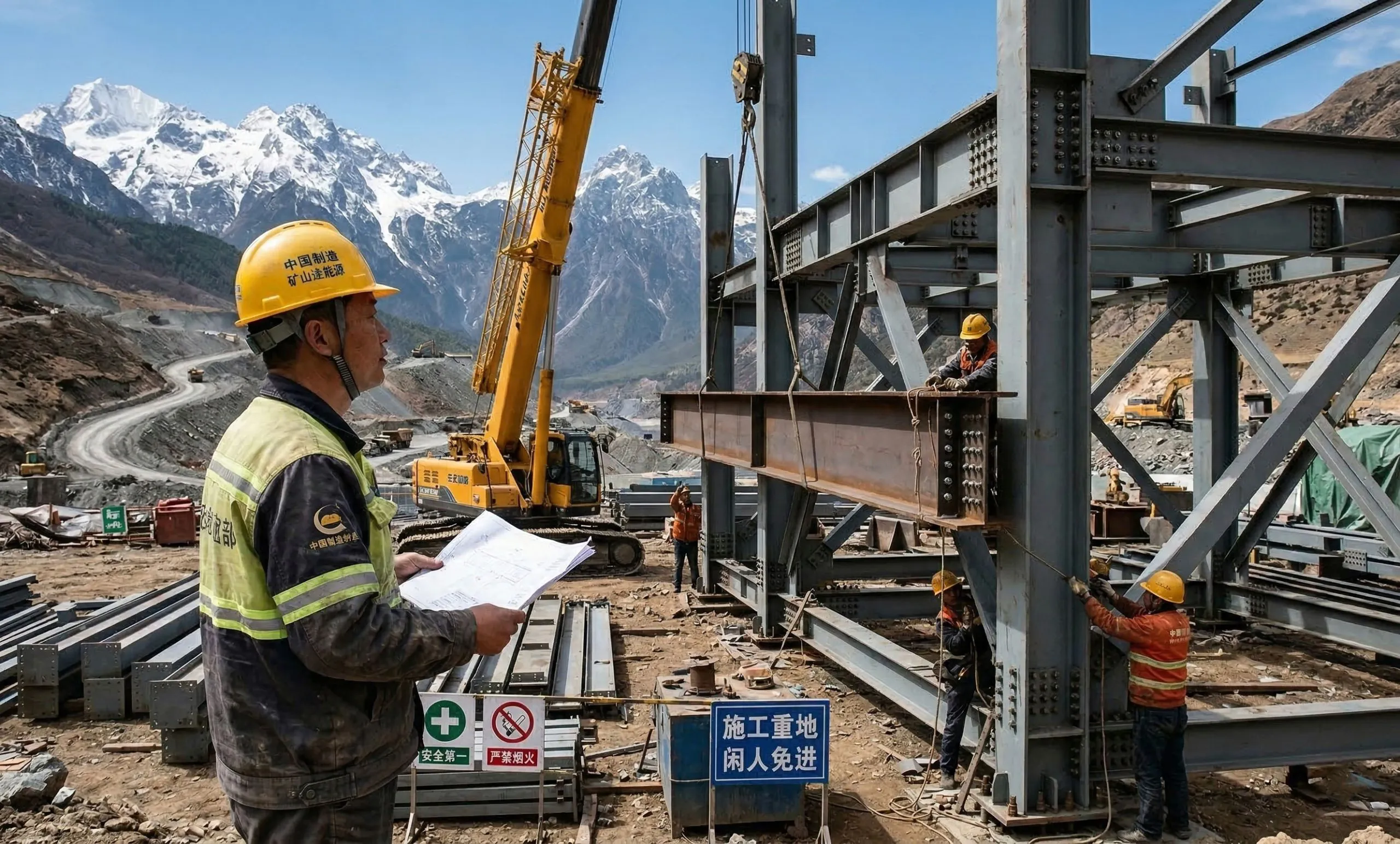 Workers erect an earthquake-resistant steel structure for a mining workshop in Chile's high-altitude mountain zone.