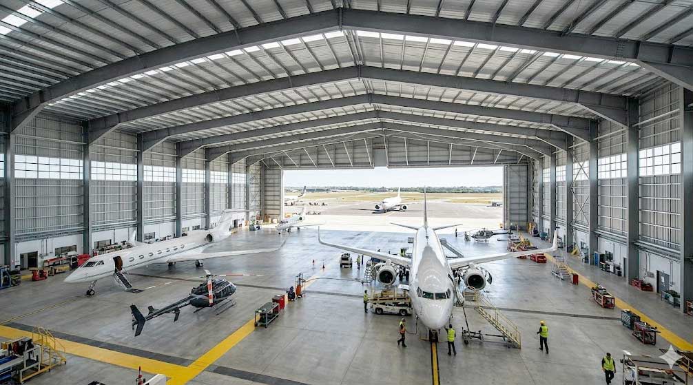 Clear span aircraft hangar interior with multiple aircraft, an open maintenance floor, and no interior columns.