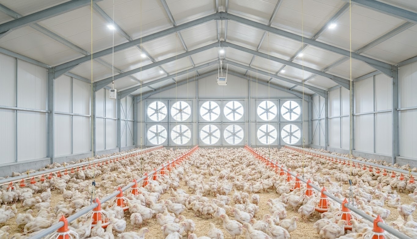 Interior of a steel chicken house with clear-span portal frames, insulated panels, exhaust fans and broiler equipment.