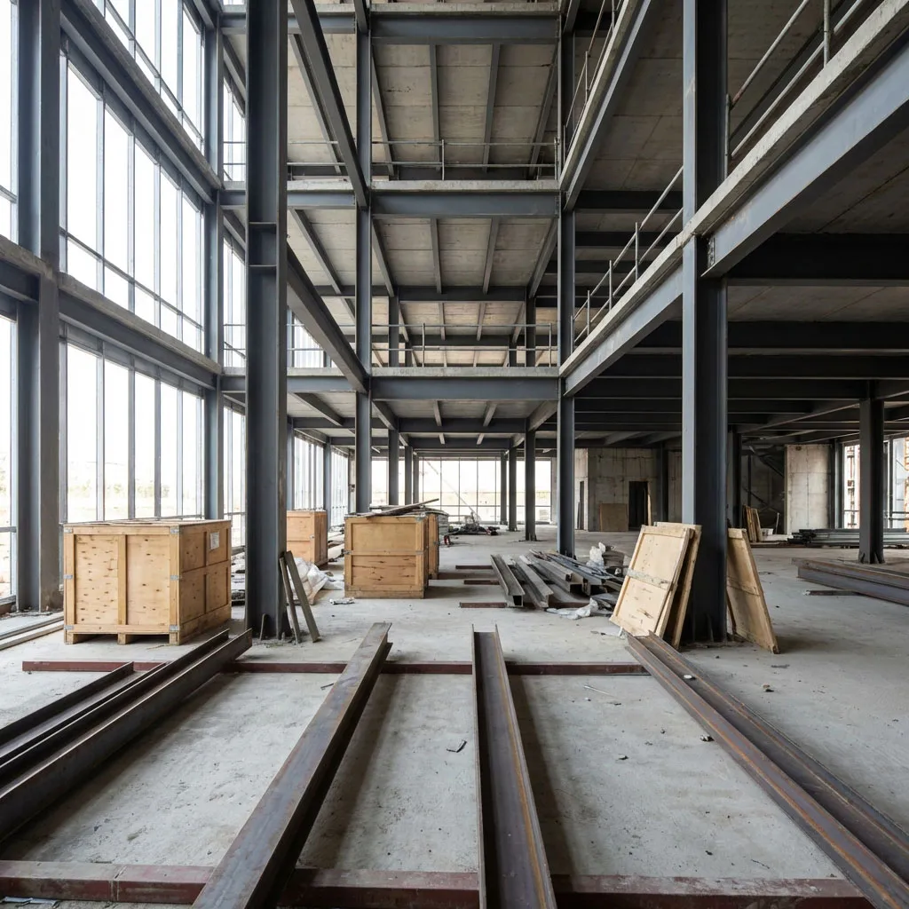 Interior column and beam grid of a steel multi-storey building, with open floor bays, concrete slabs and stored steel sections.