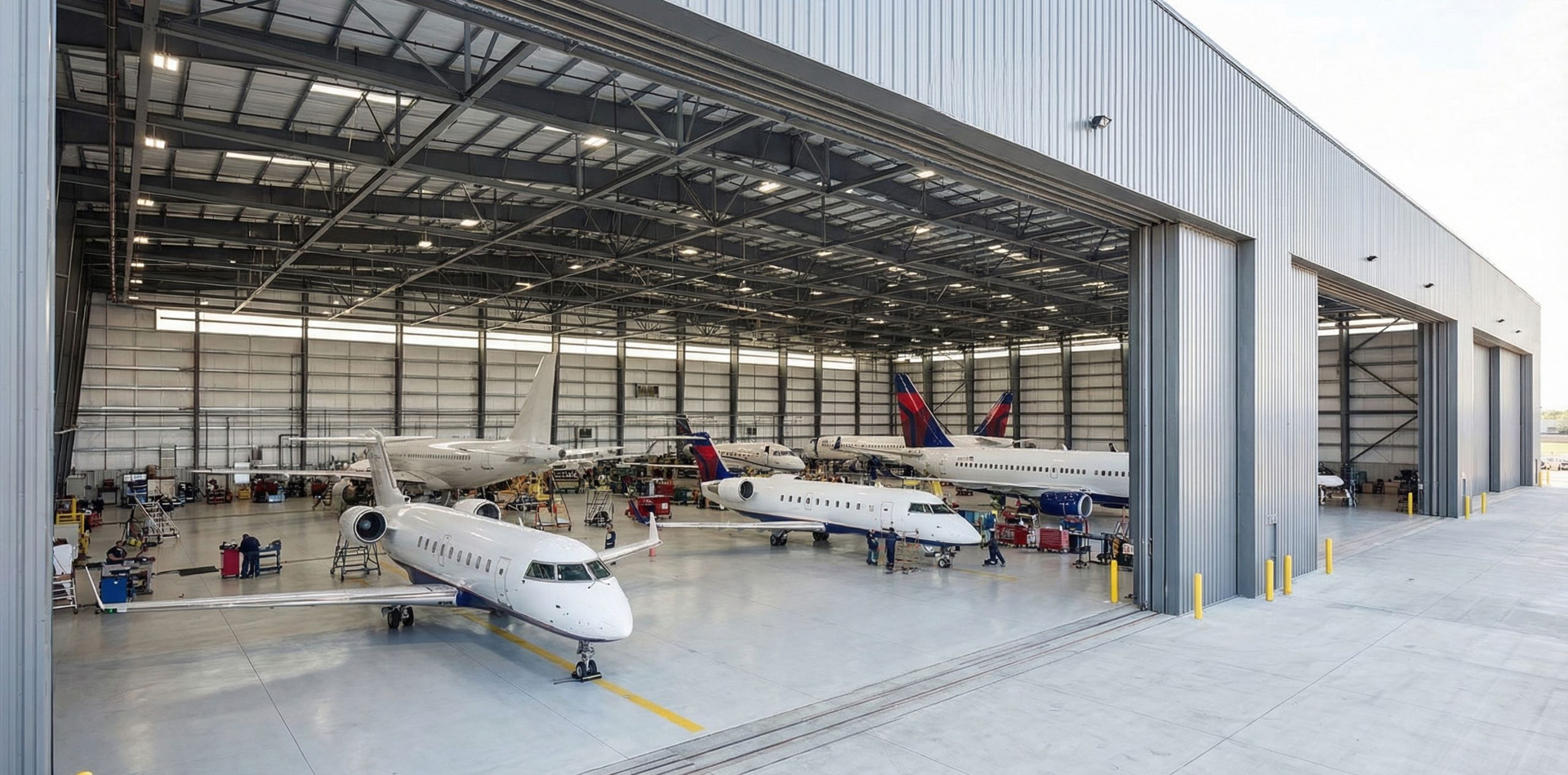 Commercial aircraft hangar interior with multiple jets, maintenance crews, and ground service equipment.