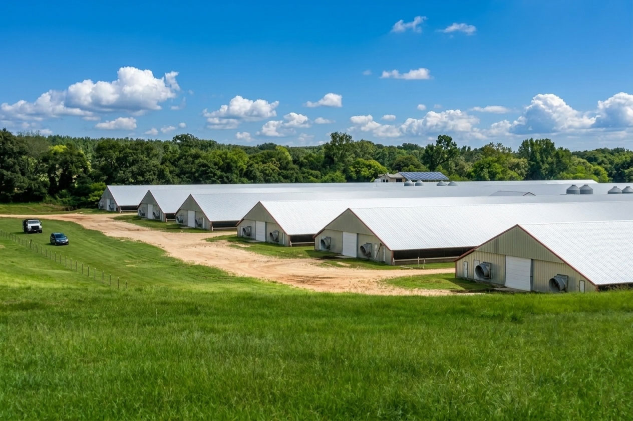 Multiple commercial chicken houses with metal roofs, ventilation fans and service access in a poultry farm project.