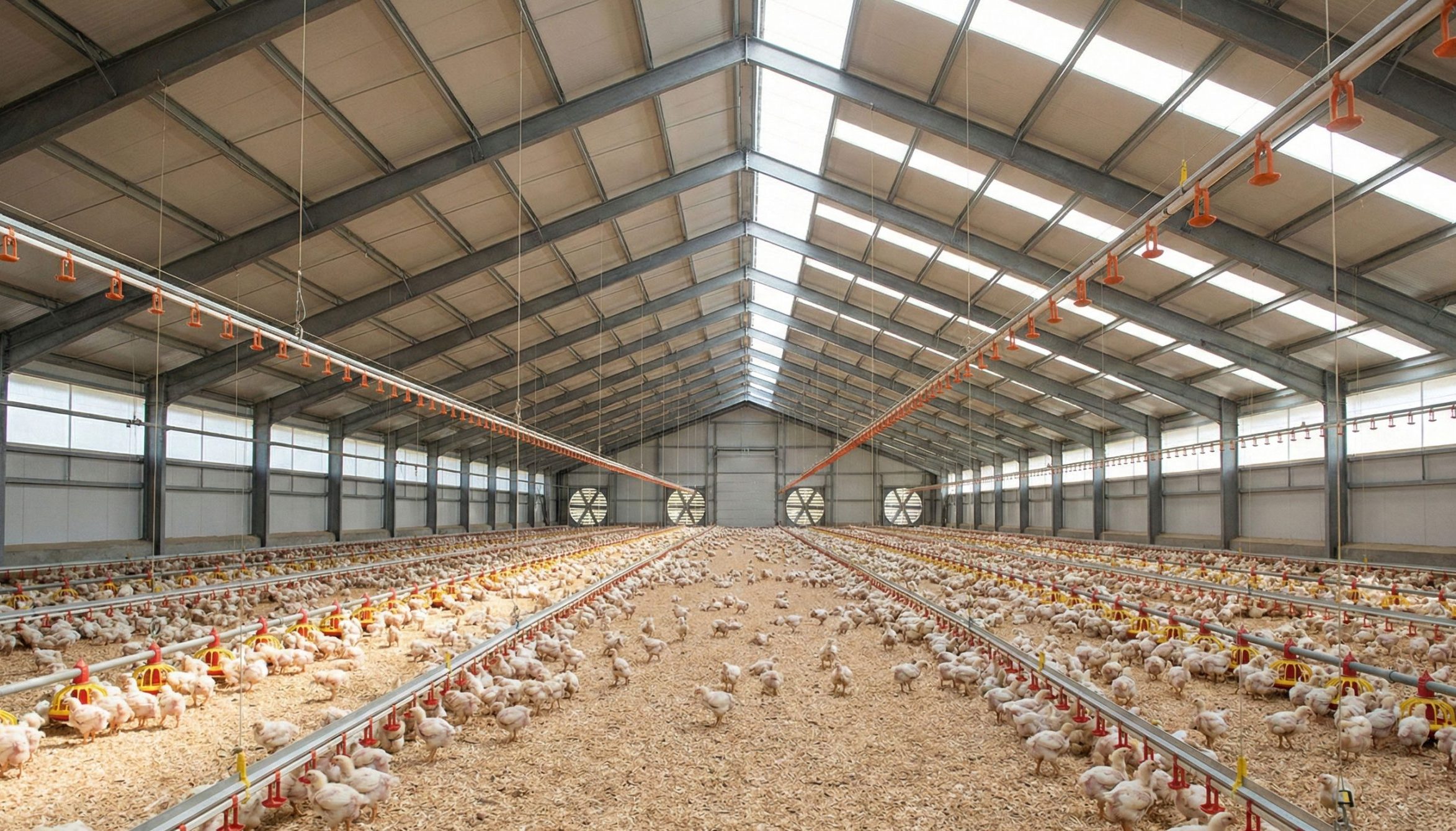 Interior of a commercial broiler house with translucent roof panels, steel frames, feeding lines and exhaust fans.