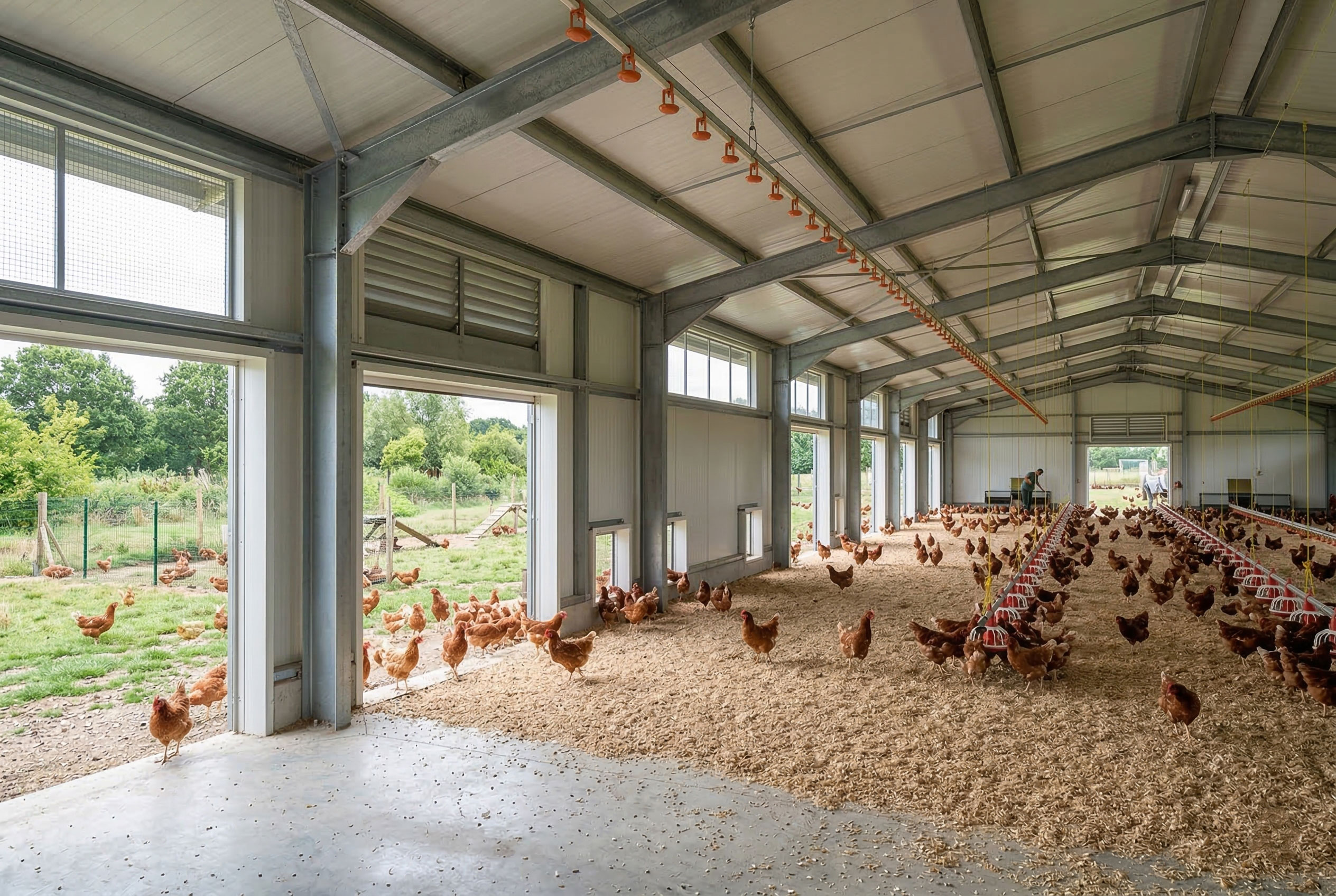 Interior of a commercial free-range chicken house with open side access, steel framing, feeding lines and outdoor hens.