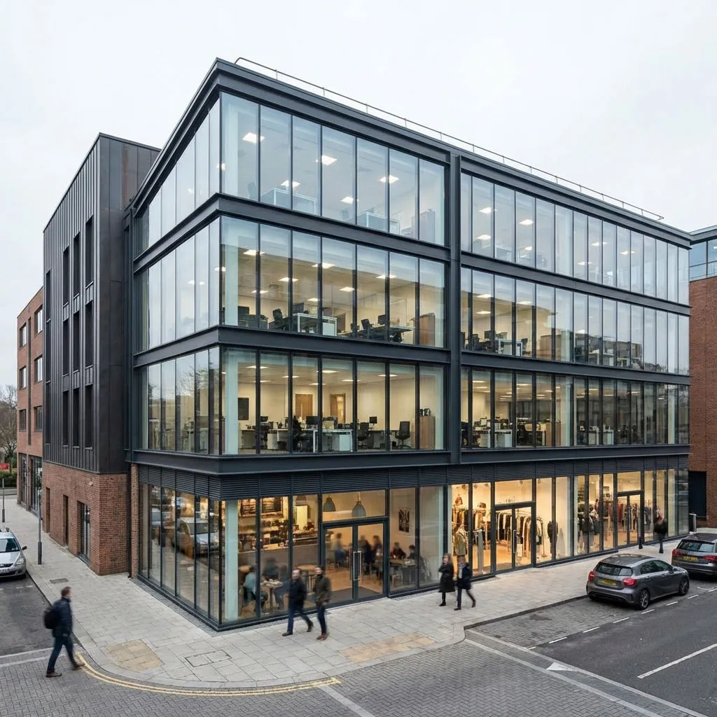 Multi-storey steel building with ground-floor retail space and glazed office levels above.