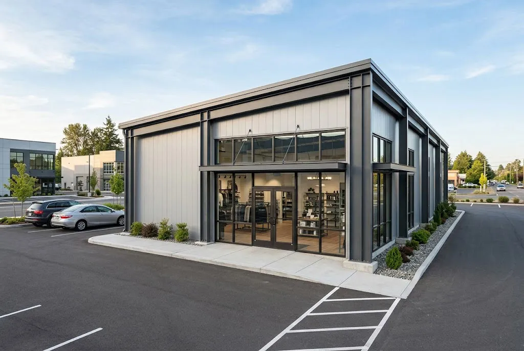 Compact steel showroom building with metal cladding, glass entrance and interior display space for commercial applications