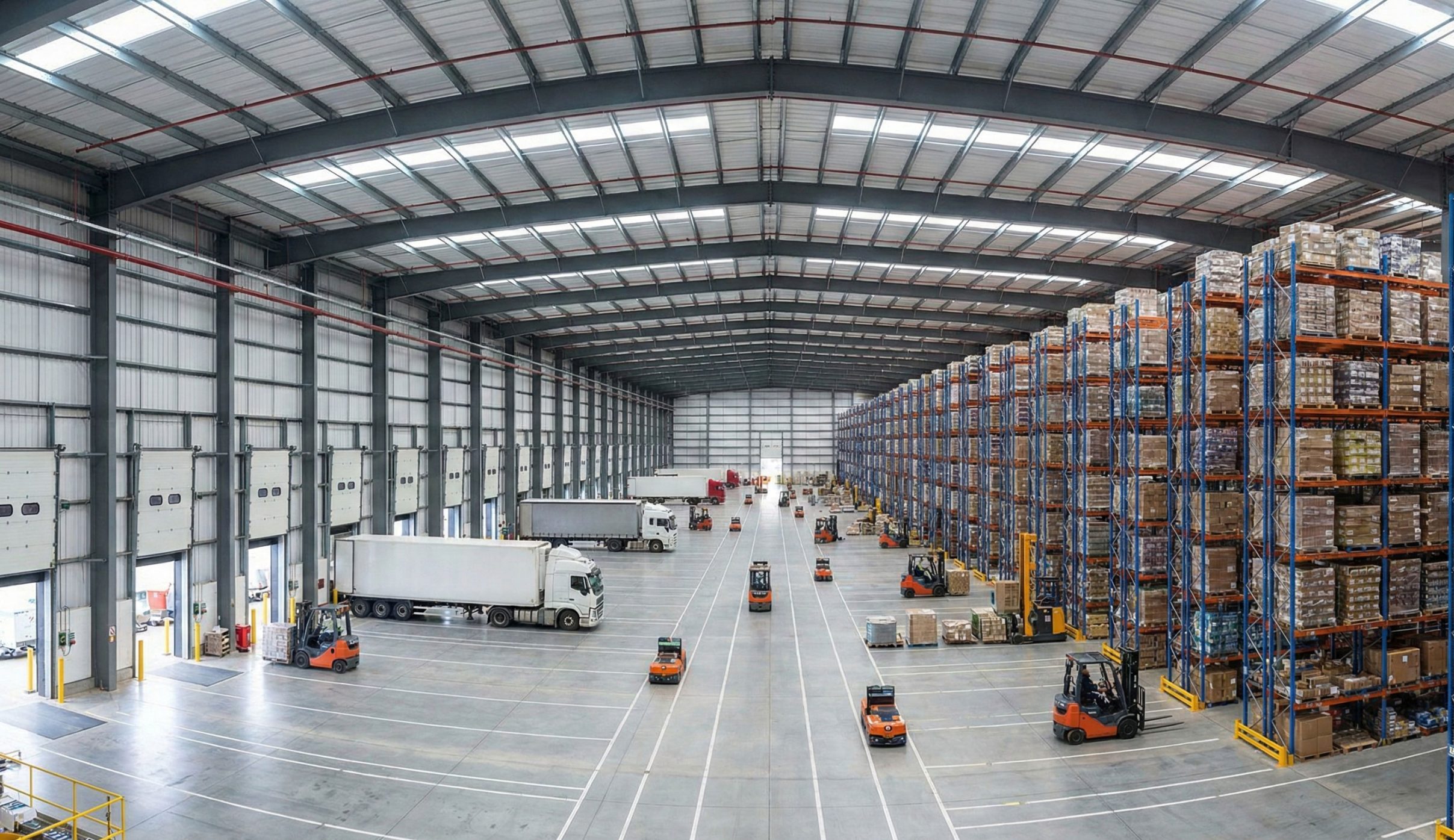 Completed steel structure warehouse building with high-bay pallet racks, loading bays, trucks, and forklift traffic.