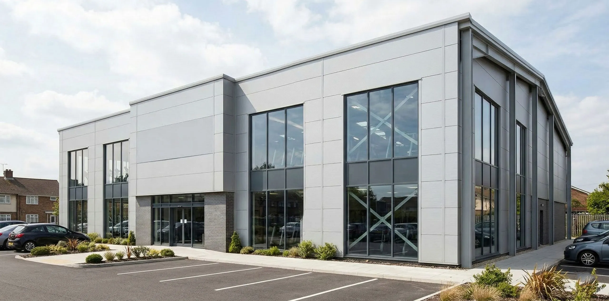 Light gray panel-clad fitness facility with tall glazed bays, a recessed entrance, parking and landscaped frontage.