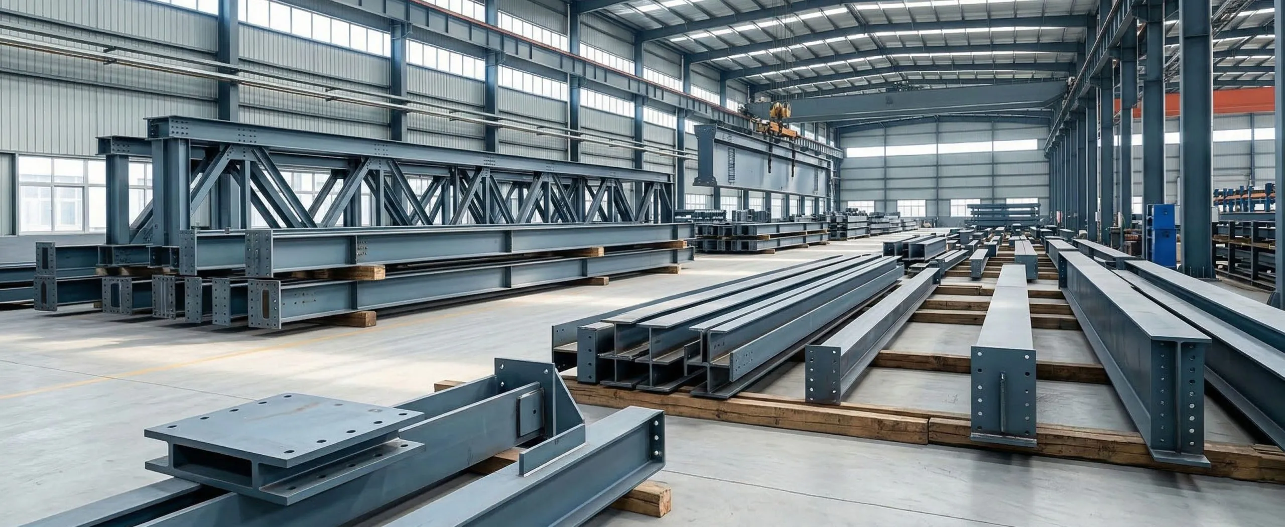 Fabricated steel beams and trusses arranged in a factory workshop for custom steel building project inquiries