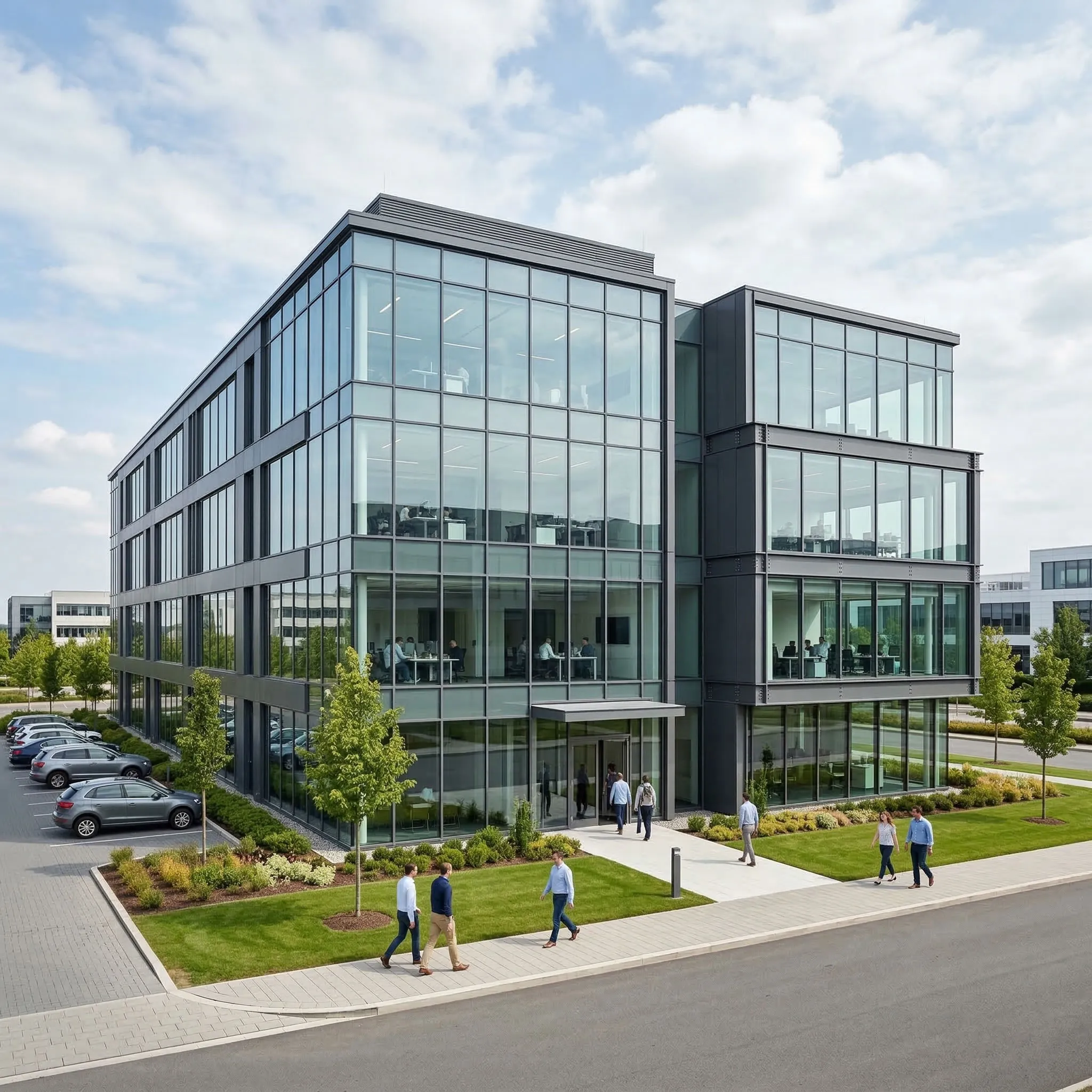 Corporate office building with steel frame structure, full glass facade, landscaped entrance, parking area and modern exterior design for business administration use.