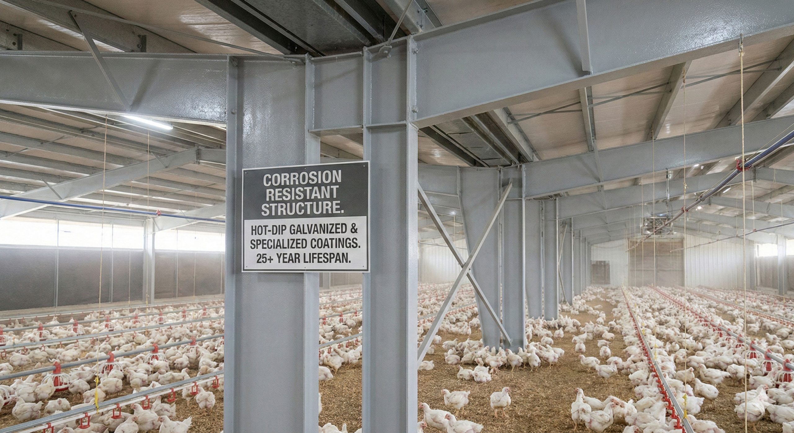 Exposed steel frame inside a commercial broiler house with protective coating, bracing, feeding lines and birds.