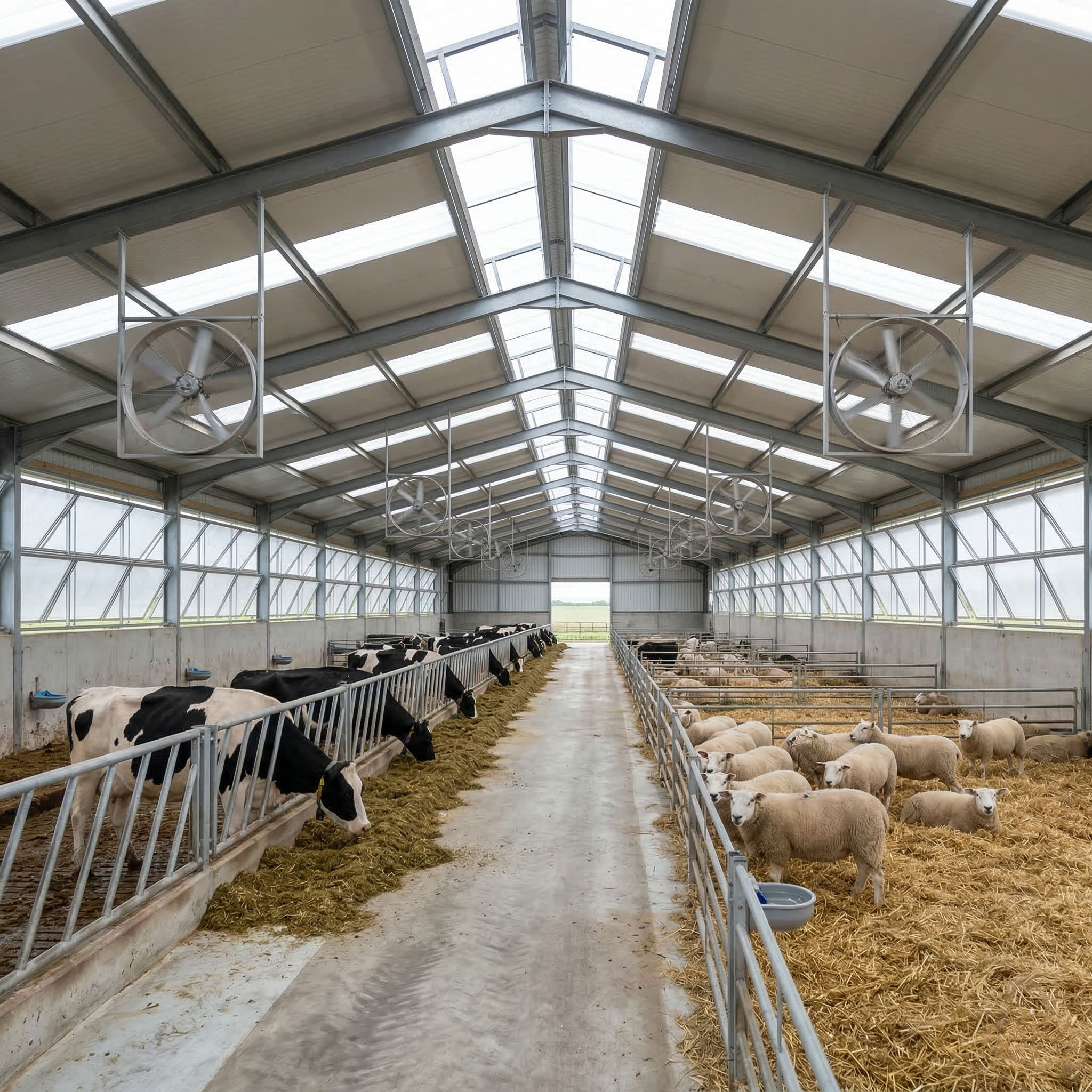 Cow shed ventilation design with roof skylights, hanging fans, sidewall openings, steel frame, center passage, cattle feeding area, and sheep pens.