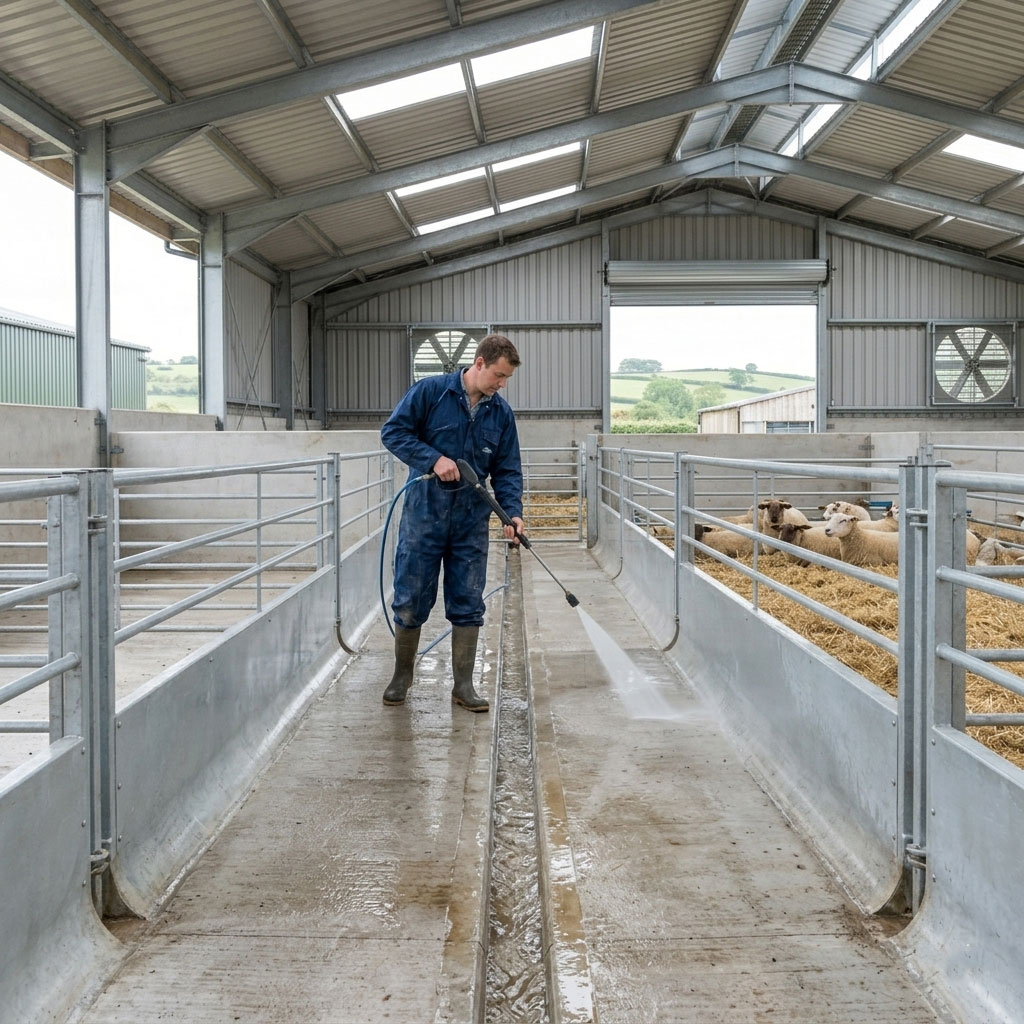Cow shed drainage system with center channel, washable concrete floor, steel frame, ventilation fans, and livestock pens for easier farm cleaning.