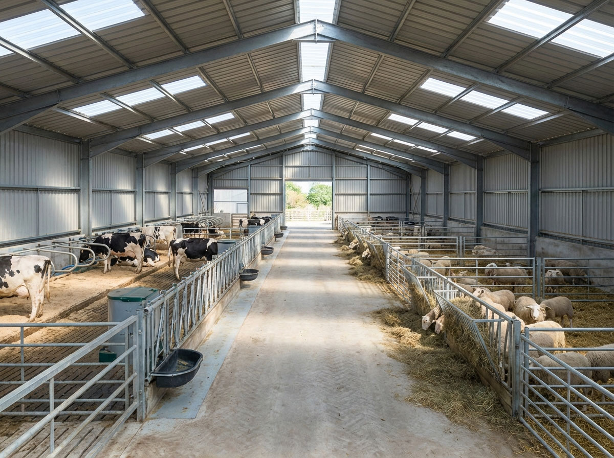 Cow shed plan layout with center passage, galvanized steel frame, roof skylights, cattle pens, sheep pens, and clear livestock feeding areas.