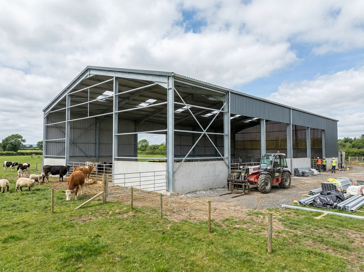 Cow shed structure under installation with galvanized steel columns, roof purlins, wall bracing, metal cladding, and open ventilation for livestock housing.