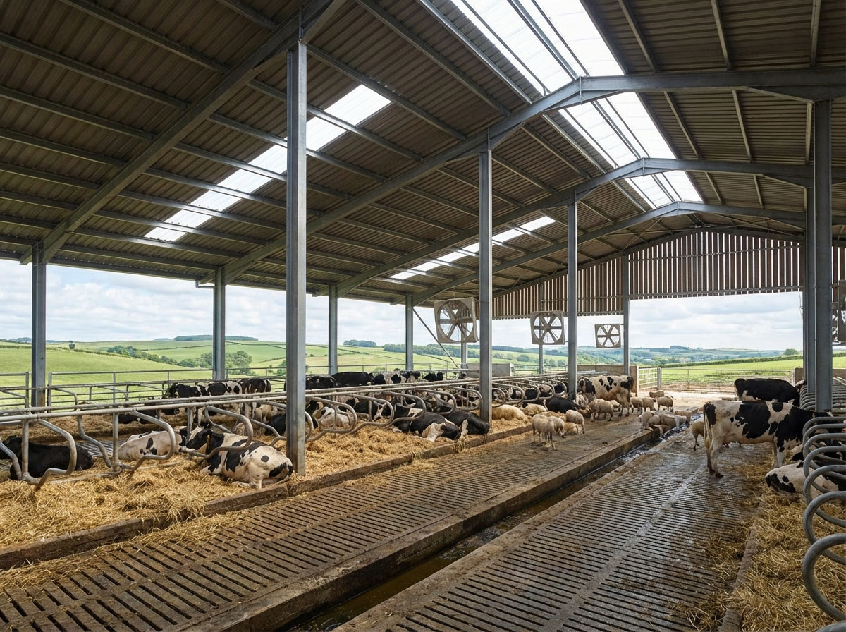 Cow shed ventilation design with open sidewalls, roof skylights, large fans, slatted drainage floor, cattle stalls, and sheep pens inside a steel livestock building.