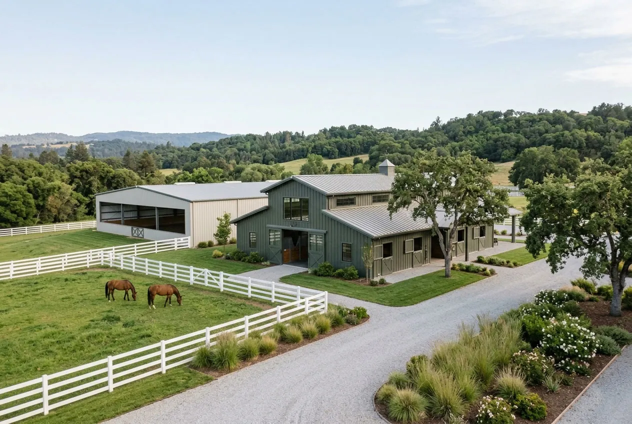 Horse barns with riding arenas featuring a custom stable building, covered training arena, metal roofing, white fenced paddocks, and landscaped equestrian farm layout.