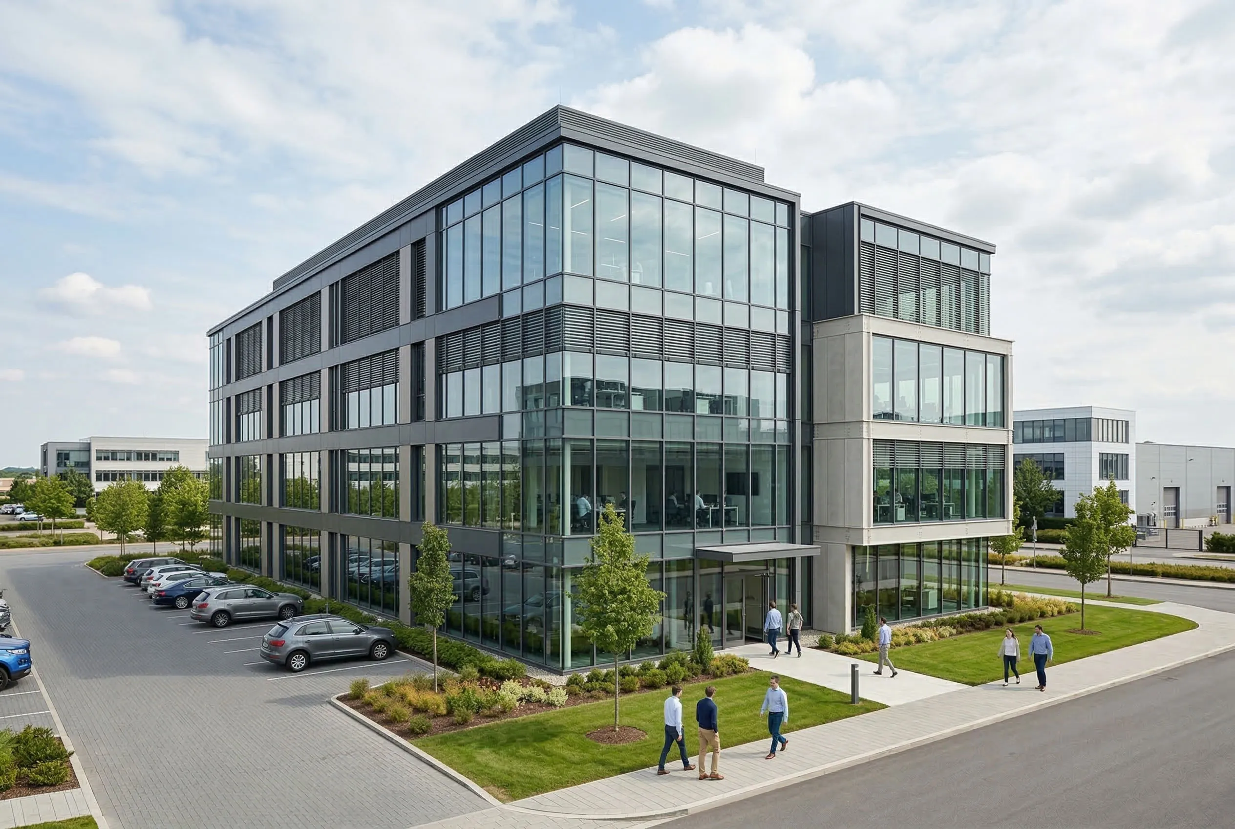 Custom office building with steel structure frame, modern glass facade, landscaped entrance, parking area and multi-floor workspace designed for business administration use.