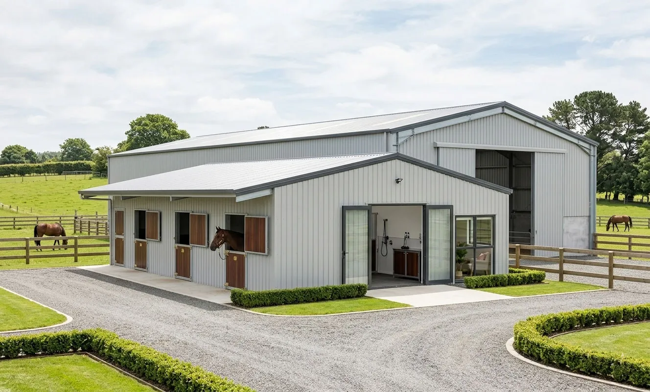 Custom steel horse barns with metal wall panels, stable doors, fenced paddocks, service area, and connected equestrian building for horse farm projects.