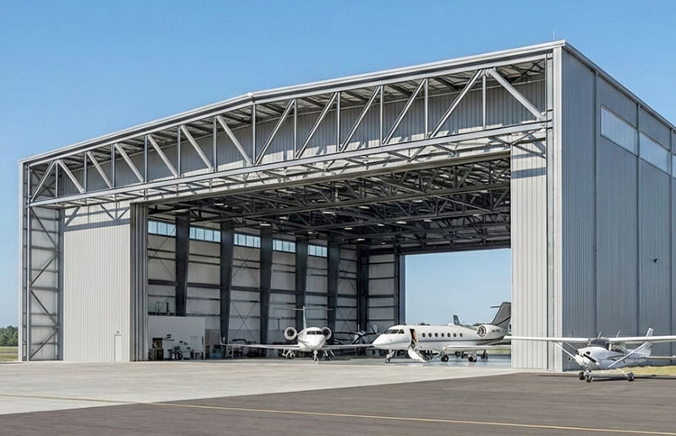 Customized aircraft hangar with a clear-span steel structure, wide open entrance, and several aircraft parked inside.