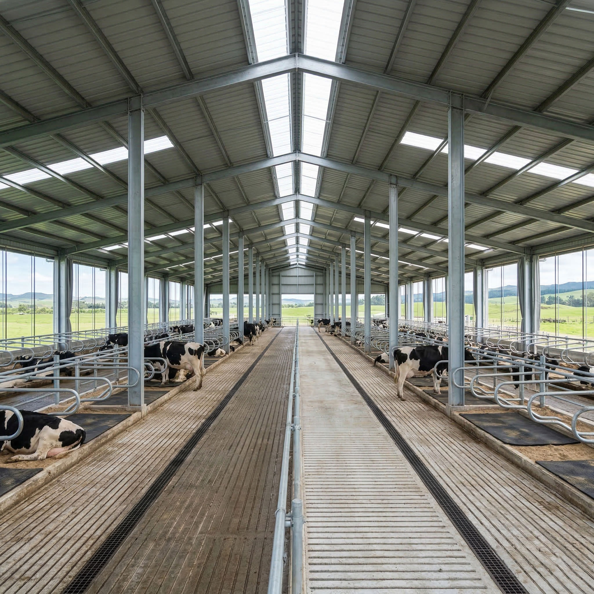 Cow shed plan layout with galvanized steel frame, roof skylights, center passage, dairy cattle stalls, slatted floor, and drainage channels for farm operation.