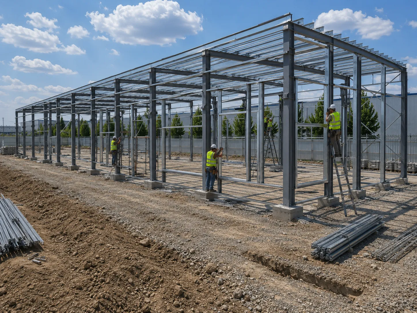 Workers installing door and window opening frames on a steel structure building during construction.