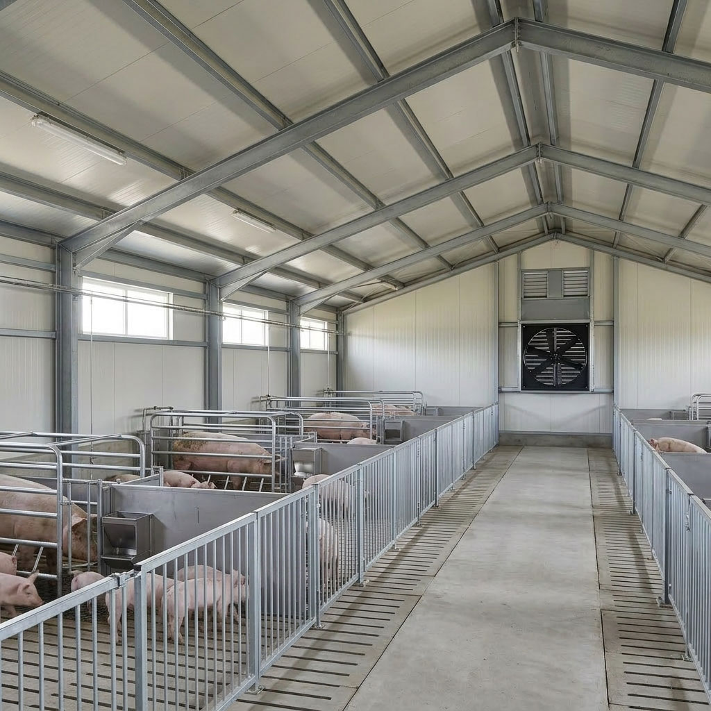 Enclosed steel structure pig shed interior with insulated wall panels, galvanized roof framing, pig pens, slatted drainage flooring, central aisle, side windows, and exhaust fan ventilation.
