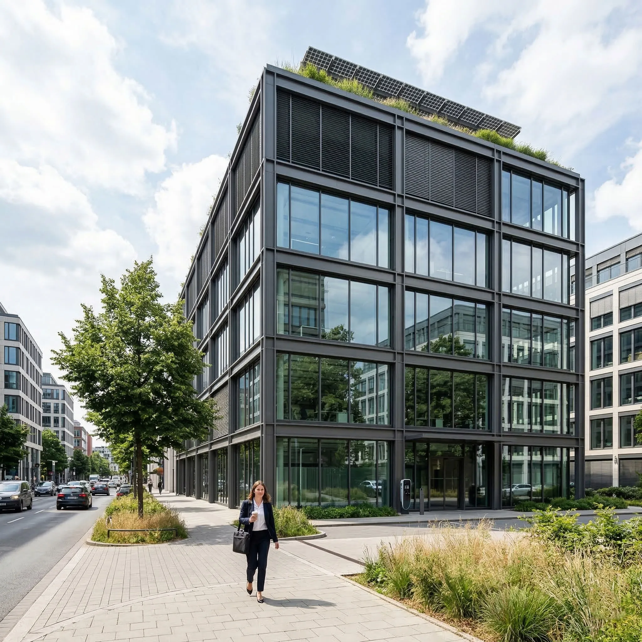 Energy efficient office building with steel frame structure, glass facade, solar roof panels, green rooftop design and shading louvers for lower long-term operating costs.