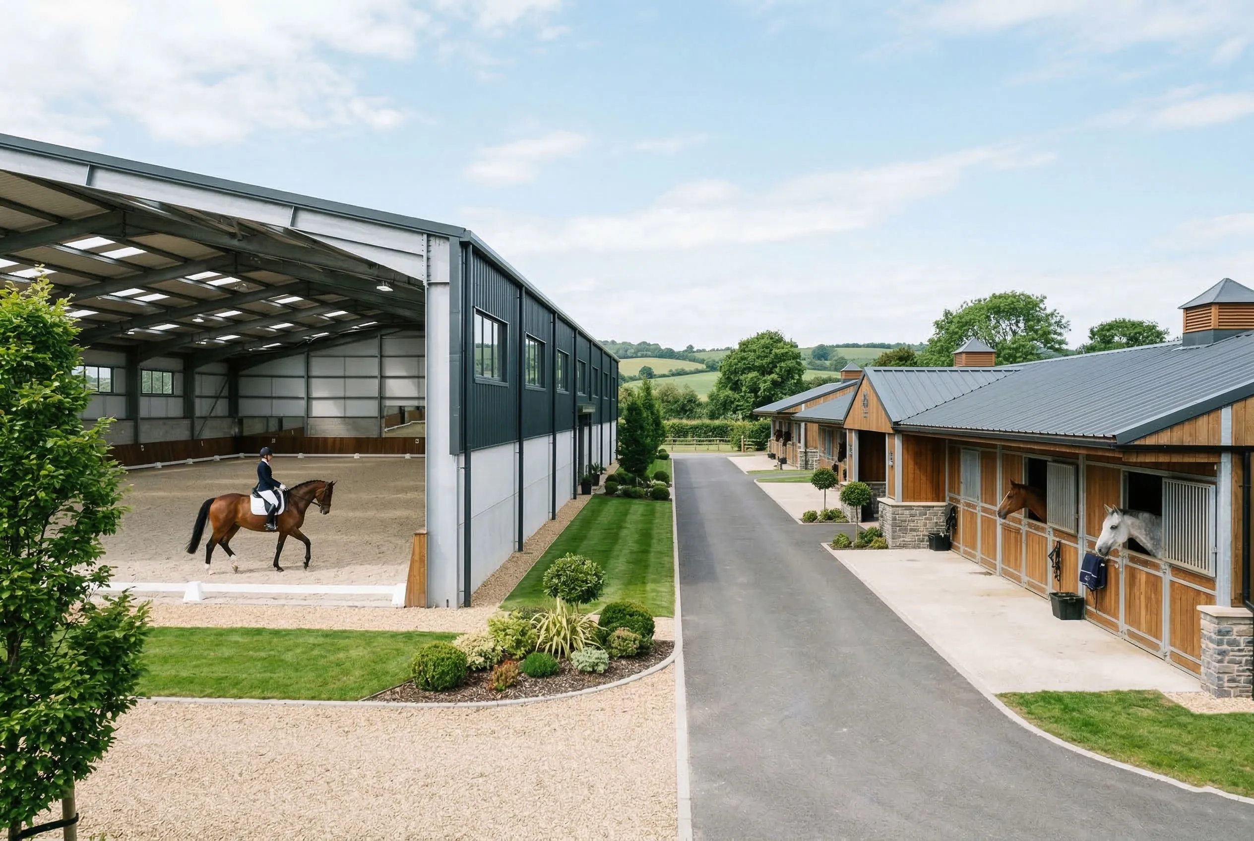Riding arenas and horse barns with steel frame arena, stable buildings, metal roofing, paved access road, and horse stalls for equestrian farm projects.