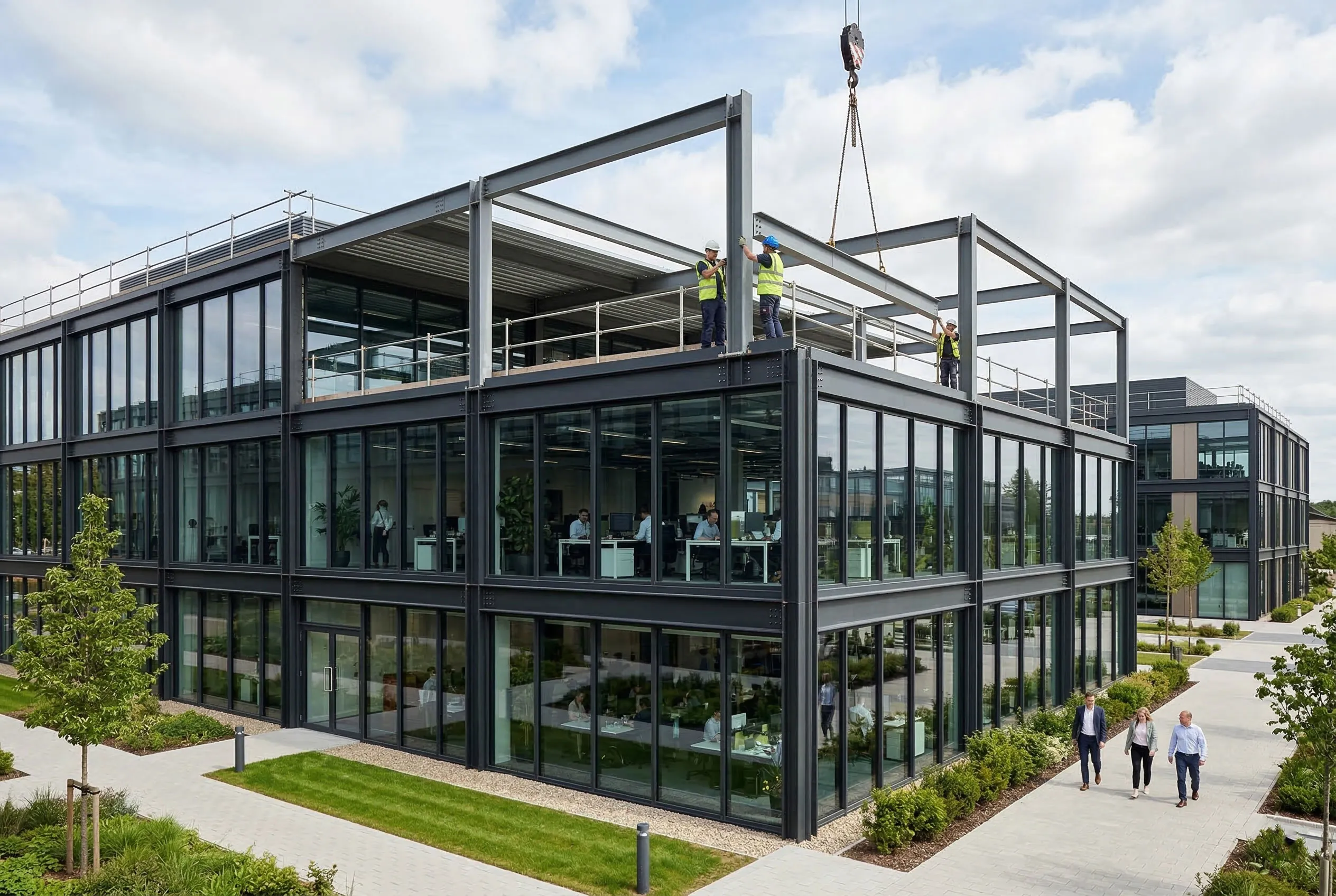 Expandable office building with active rooftop steel frame extension, glass office facade, occupied workspaces and workers installing beams for future business growth.