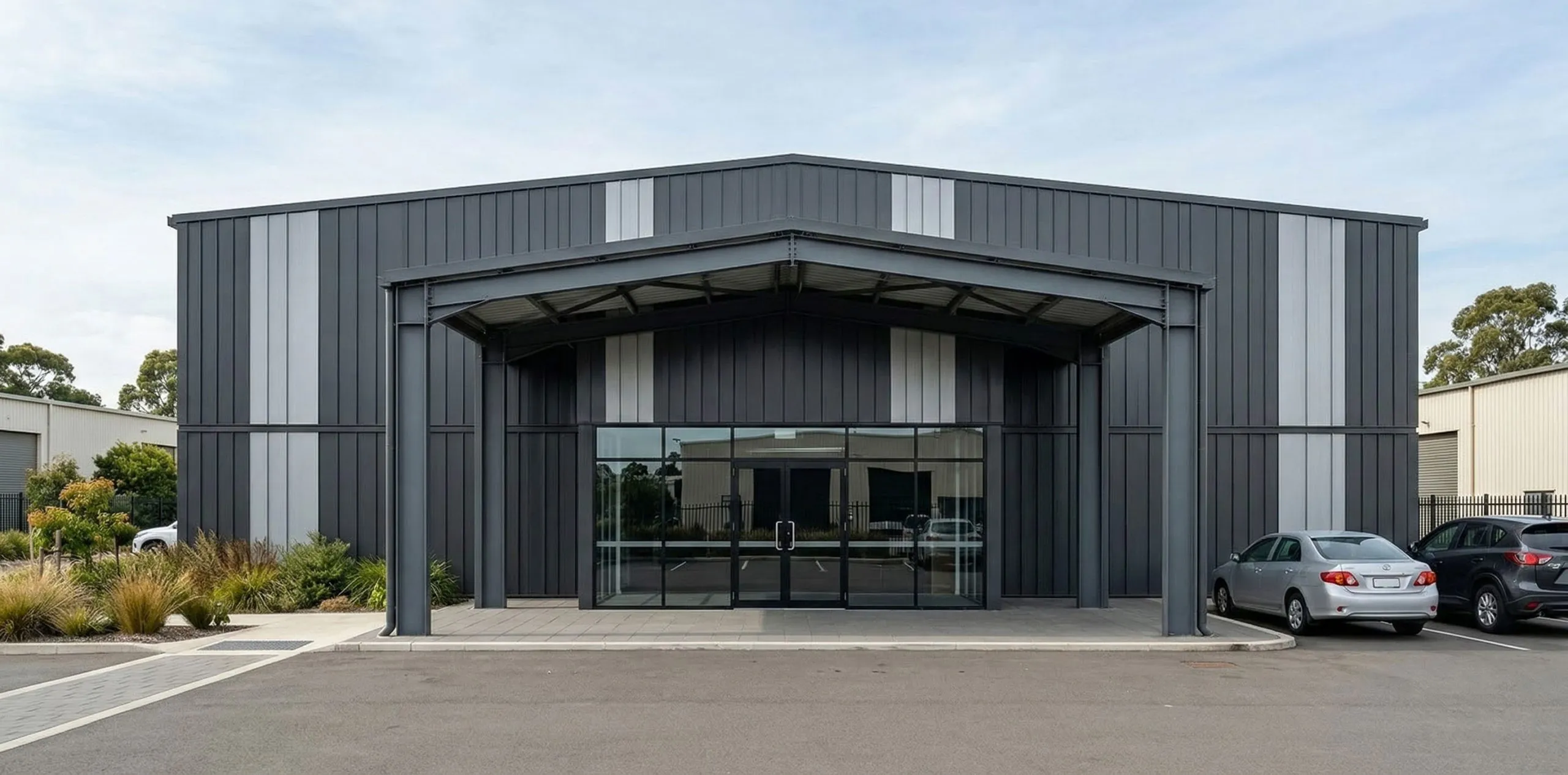 Dark metal-clad gym facade with a recessed glass entrance, steel canopy, parking spaces and landscaped frontage.