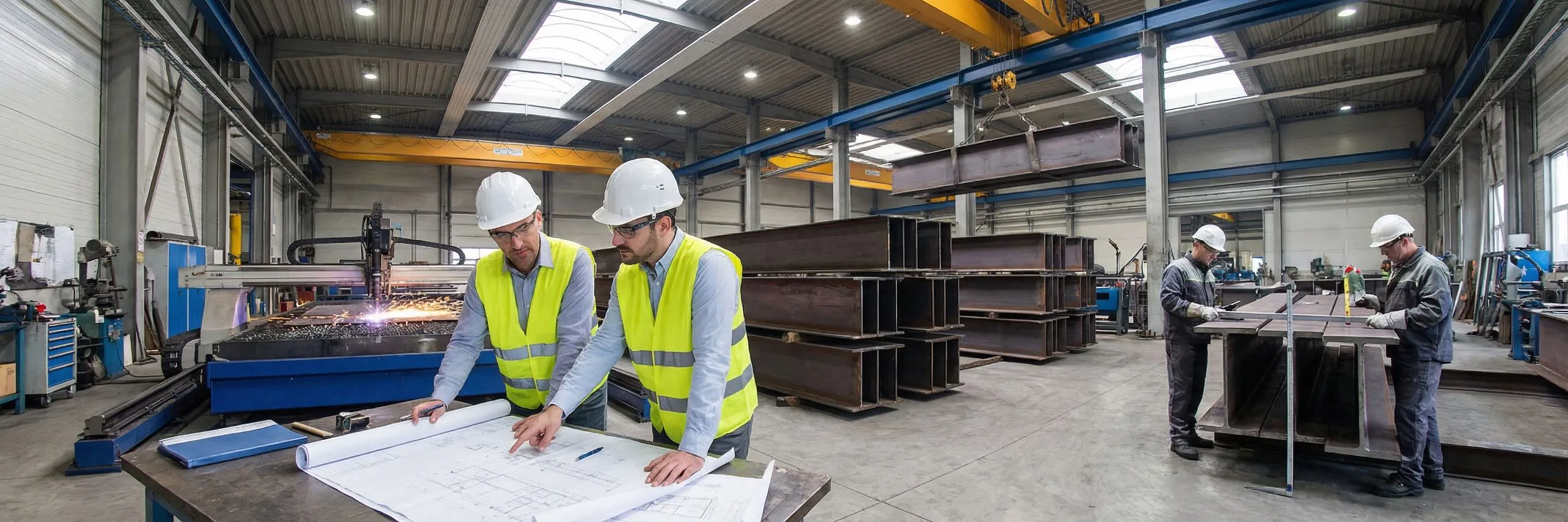 Factory personnel review drawings while steel beams are cut and inspected for multi-storey building fabrication.