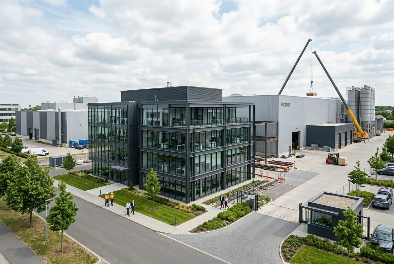Factory administration office with steel frame structure, glass facade, landscaped entrance and adjacent production facility for efficient management and factory operation support.