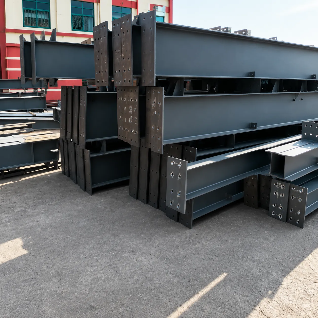 Finished H-section steel components ready for inspection before packing for the 4,320 m² Bolivia warehouse project.