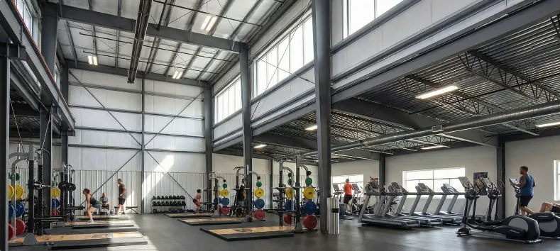 Steel-framed gym with lifting platforms, cardio equipment, high roof clearance and a partial mezzanine.