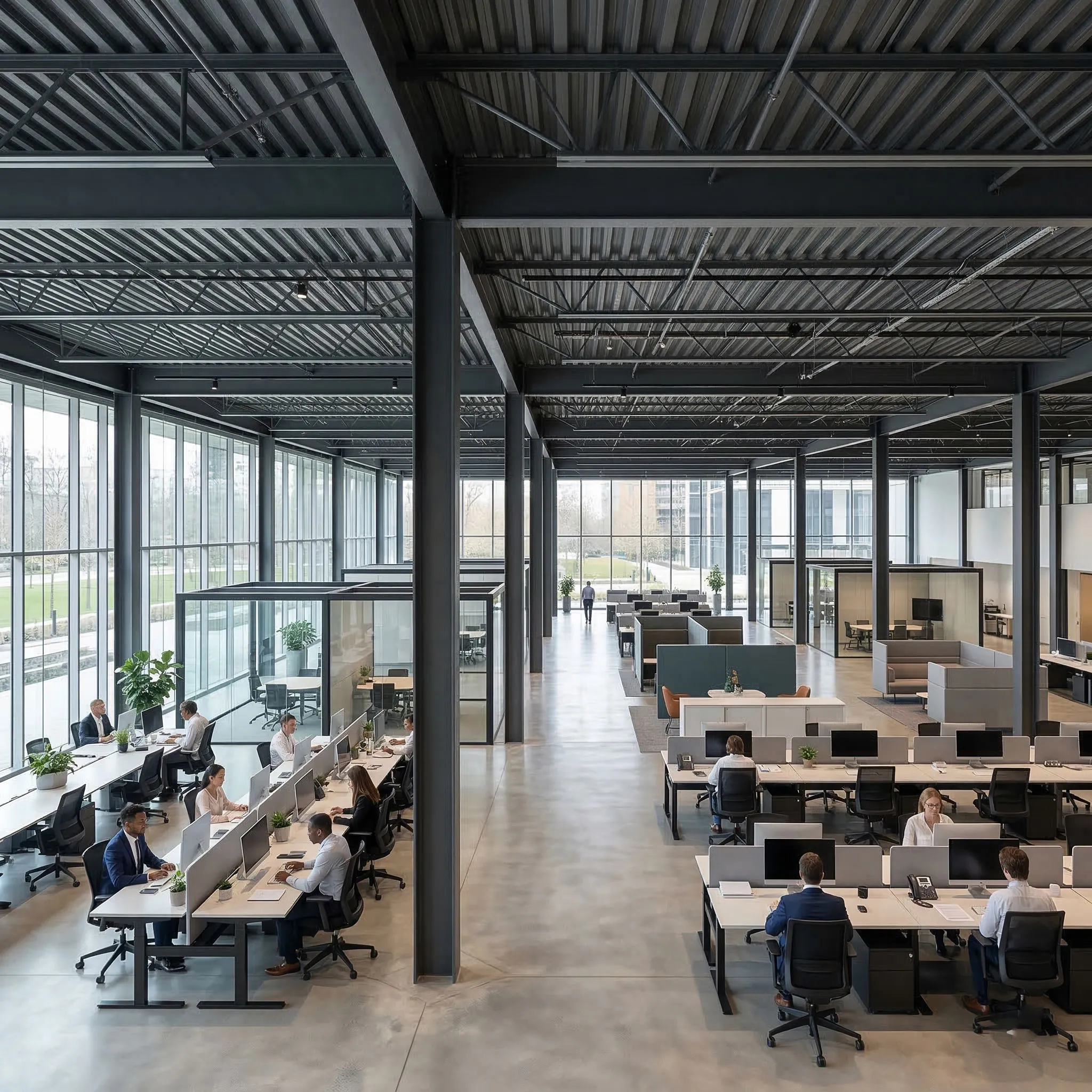 Flexible office layout inside a steel office building with exposed roof structure, glass meeting rooms, open workstations, wide circulation space and daylight access for productive teams.
