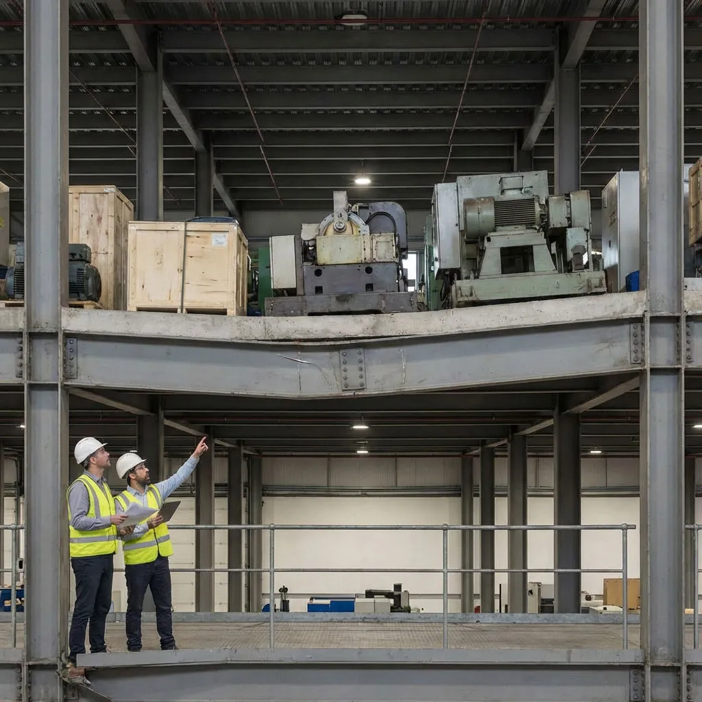 Engineers inspect a deflected floor beam beneath machinery, illustrating floor-load risks in multi-storey steel building design.
