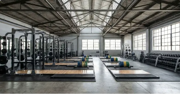 Open strength area with lifting platforms, power racks and dumbbell storage inside a steel-framed gym.