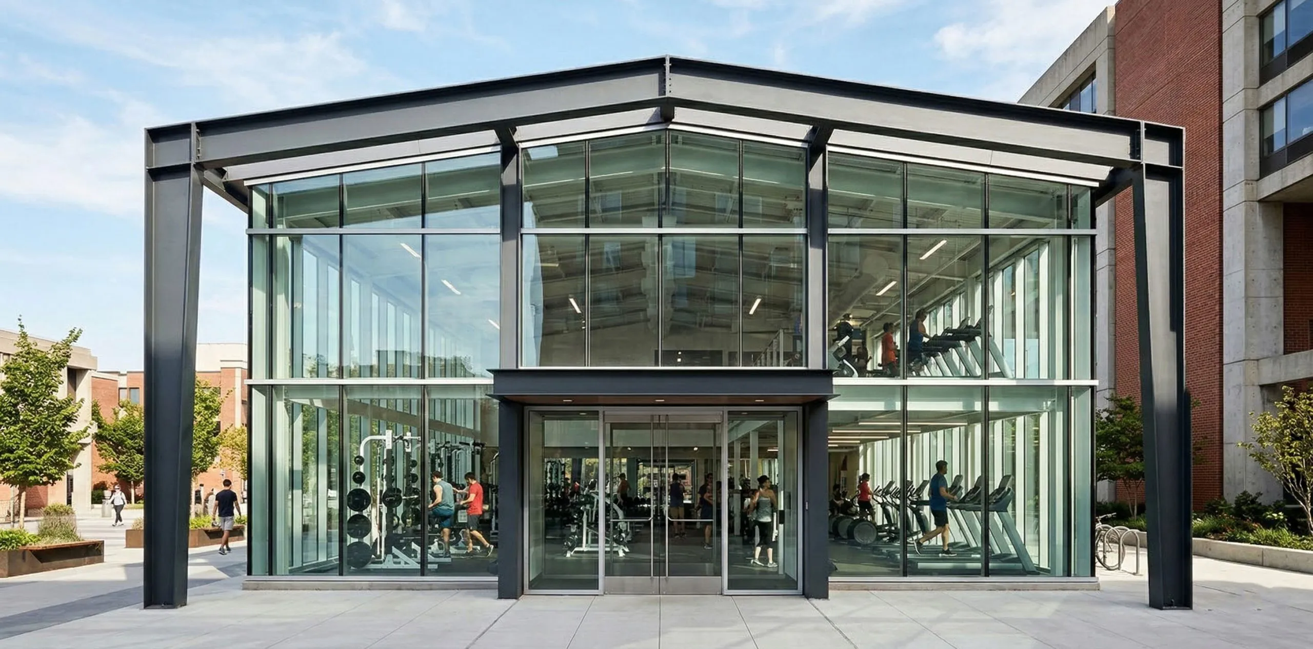 Full-height glazed gym frontage with a central entrance, exposed steel framing and visible cardio and weight areas.