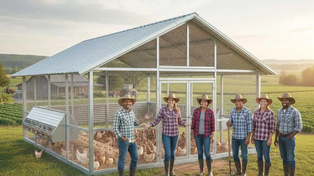 Galvanized steel structure building used for a small farm project, with metal roof panels, mesh walls, and open ventilation for agricultural use.