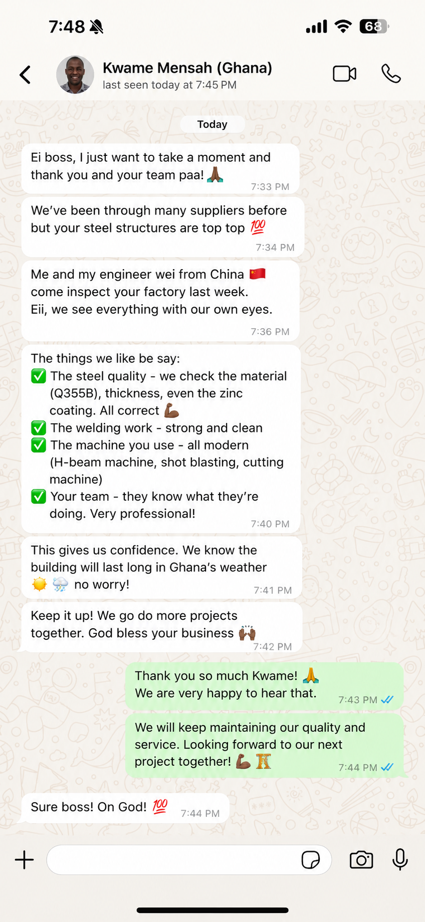 WhatsApp review from Ghana praising Q355B steel, clean welding, fabrication equipment, and professional factory support.