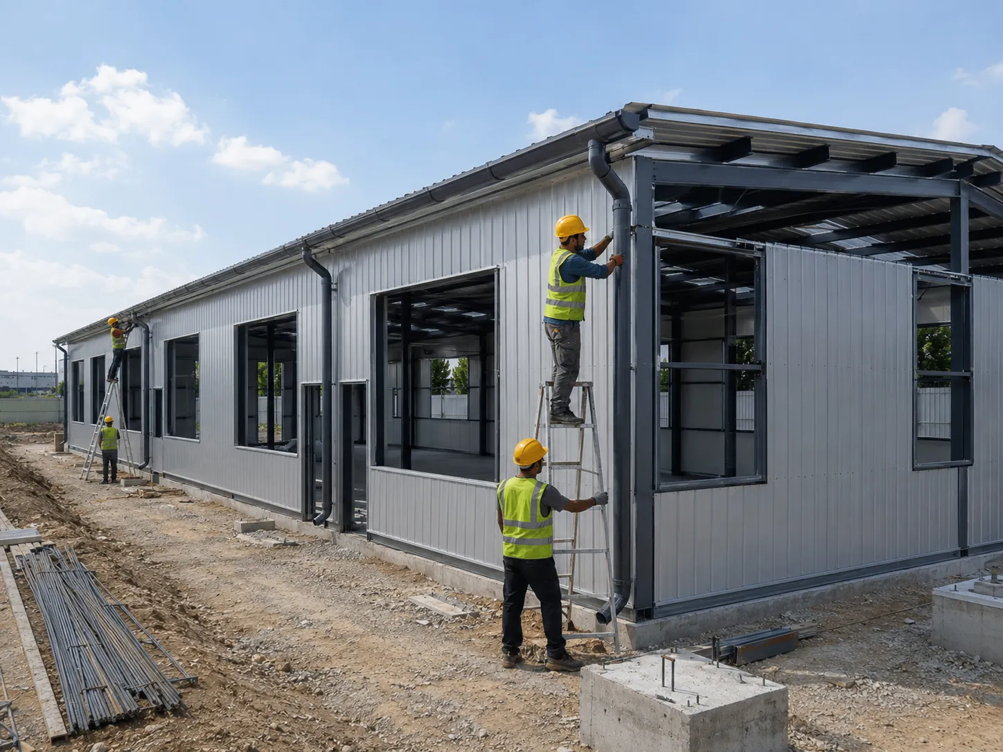 Workers installing gutters and rainwater downpipes on the exterior of a steel structure building.