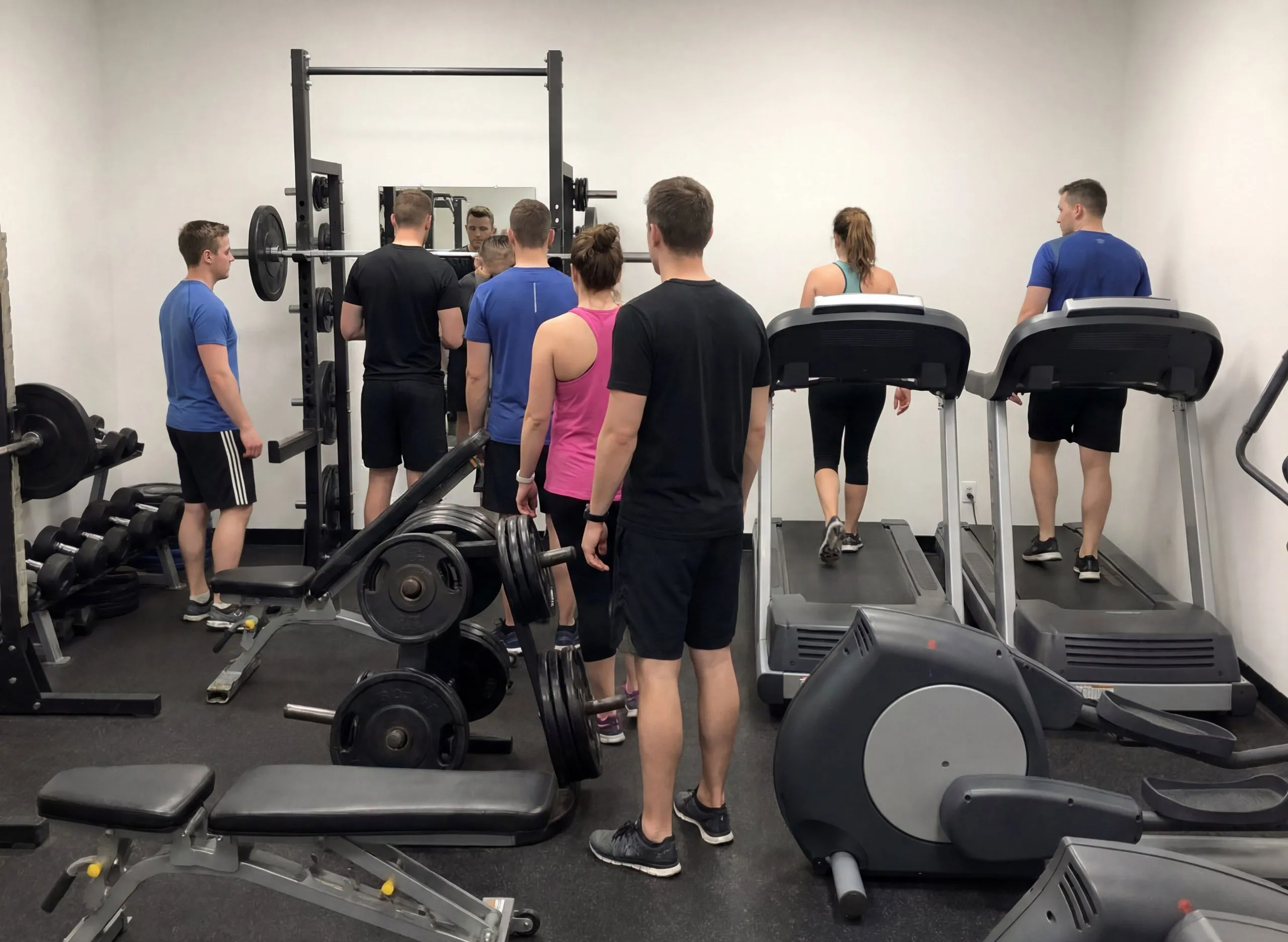 Crowded gym interior with treadmills, free weights and limited circulation space between training zones