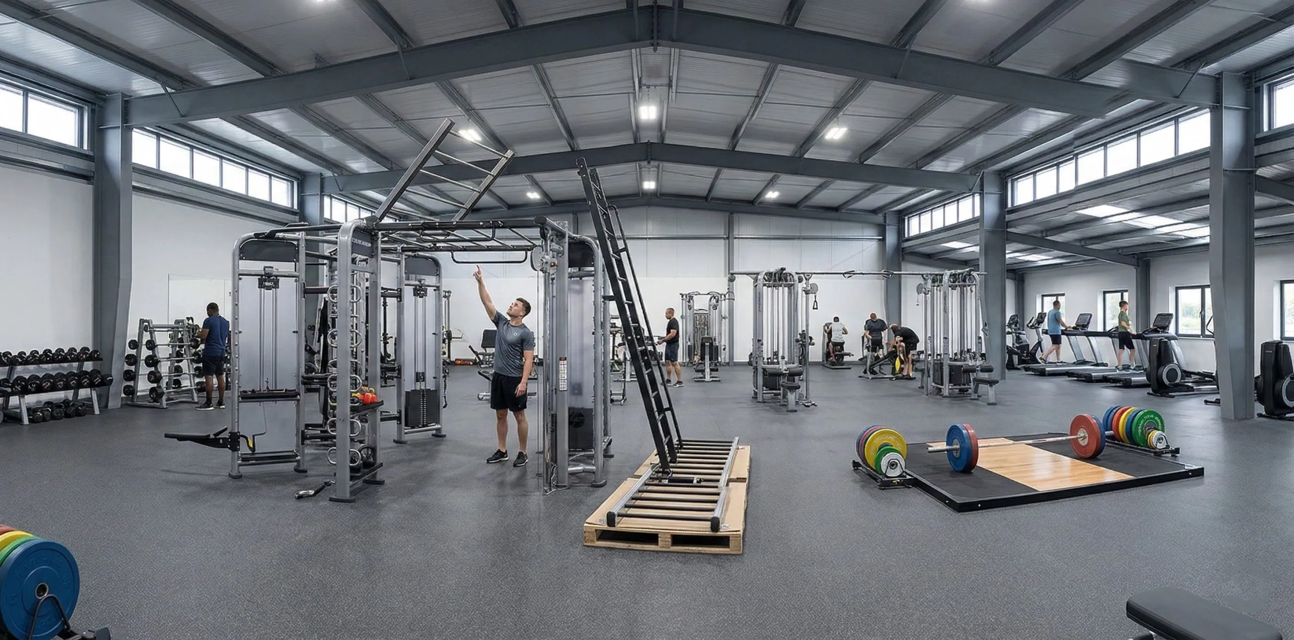 Gym building interior with tall steel framing, cable machines, treadmills and an Olympic lifting platform.