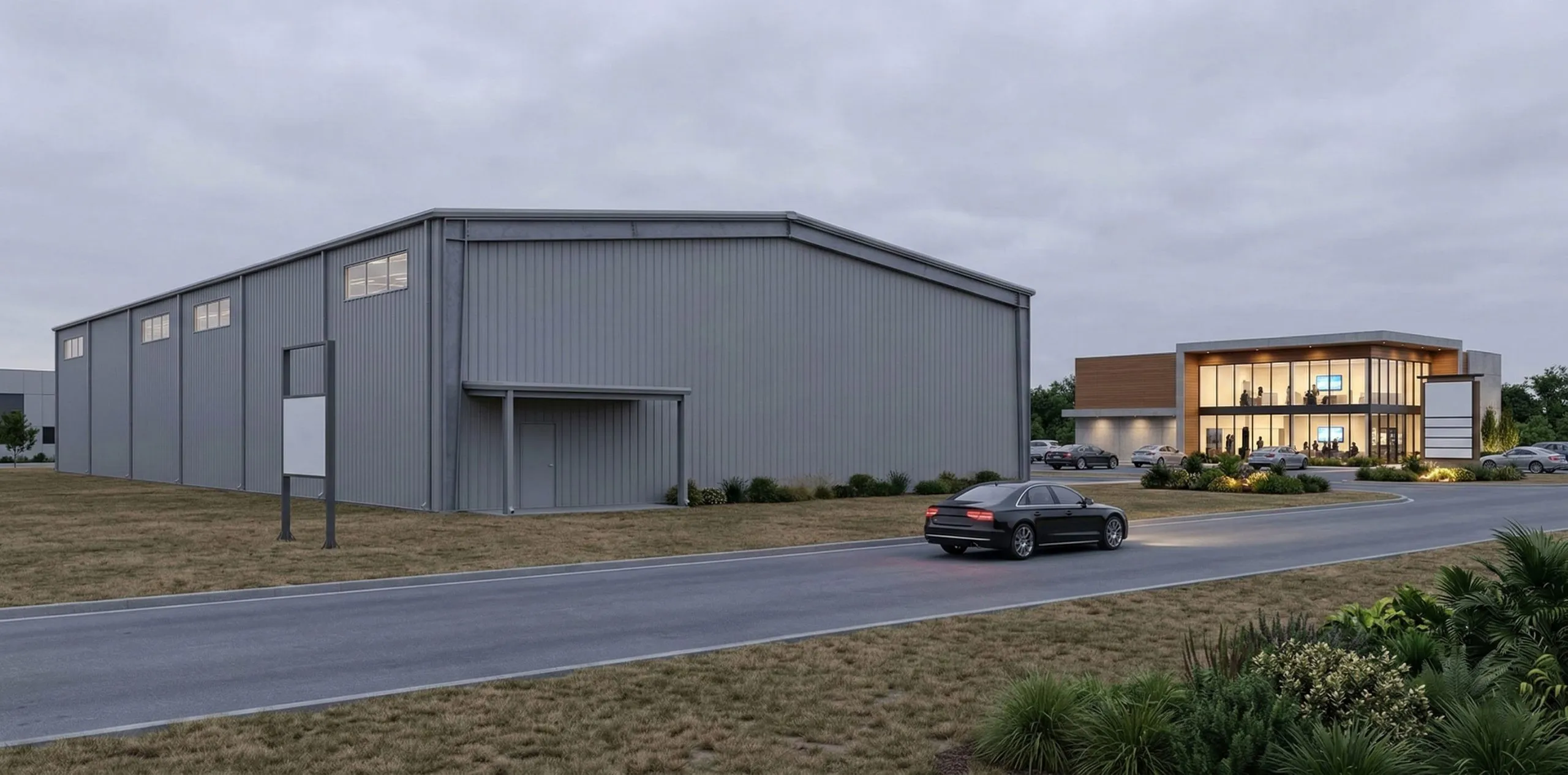 Gym building exterior showing a plain metal-clad hall beside a modern glazed entrance and landscaped parking.