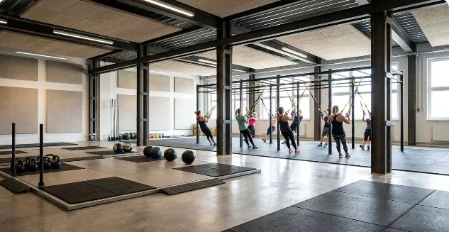 Open steel-framed gym area with suspension rigs, medicine balls and members exercising in a group class.