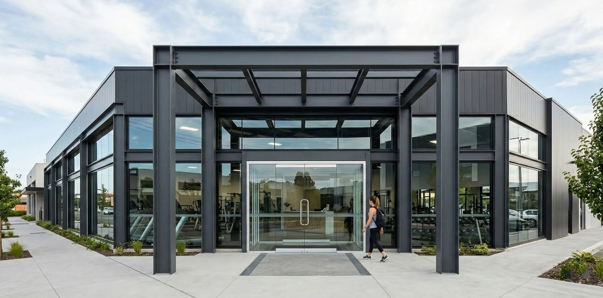 Gym facade design featuring glass entrance, steel frame structure and modern metal wall panels.
