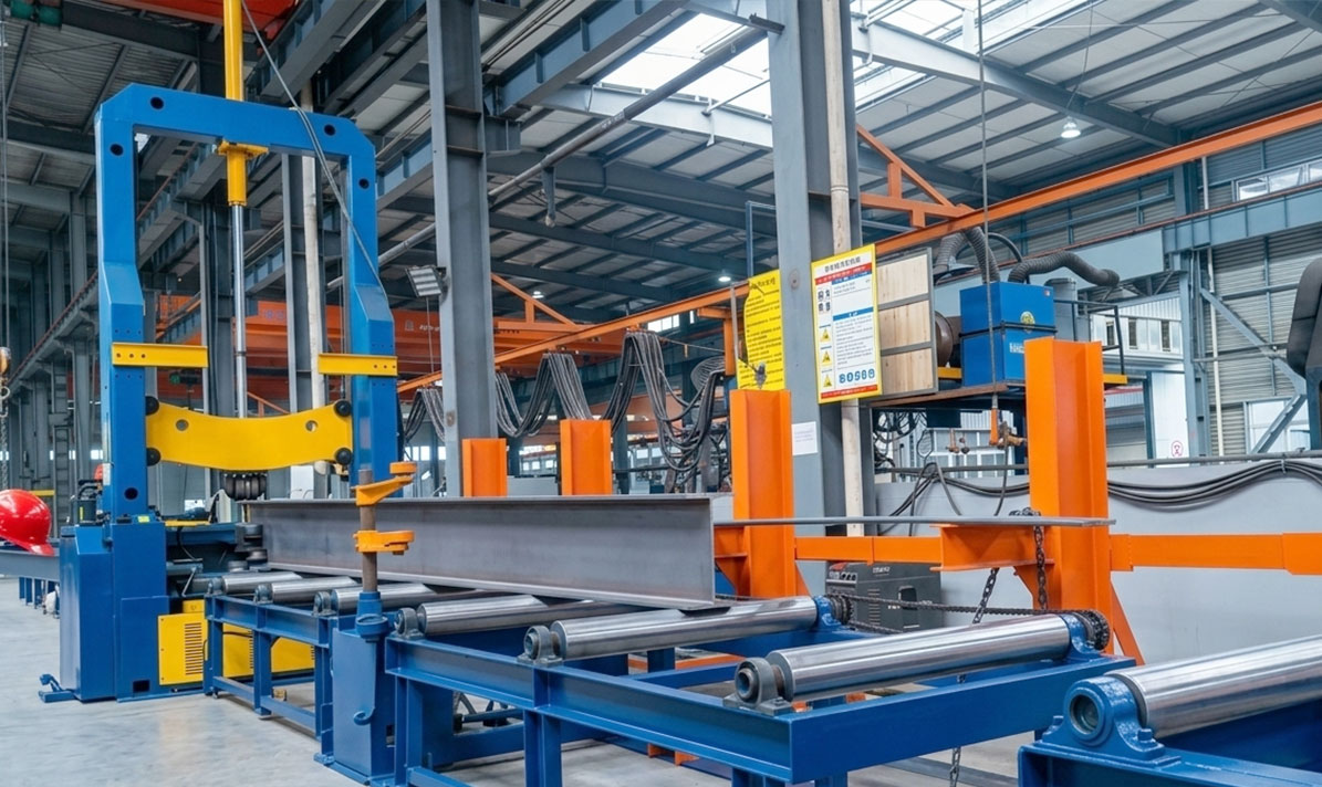 H-section steel beam components aligned on a build-up machine before welding in a steel fabrication workshop.