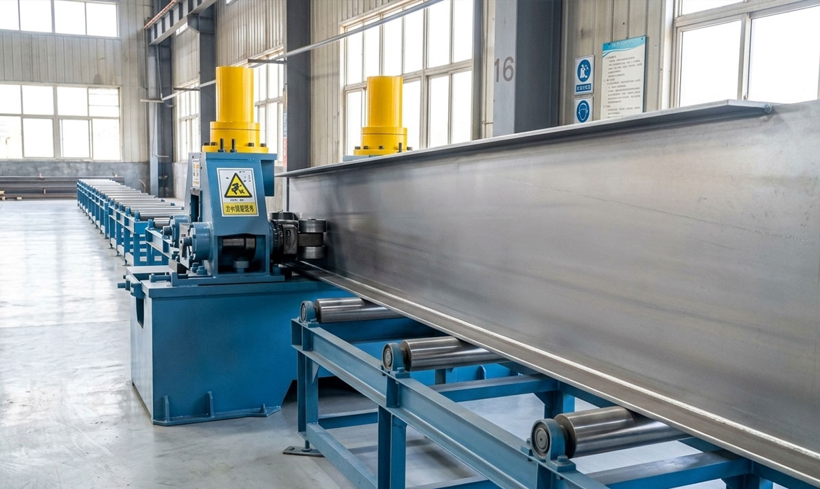 H-section steel beam passing through a flange straightening machine after welding in a structural steel fabrication workshop.