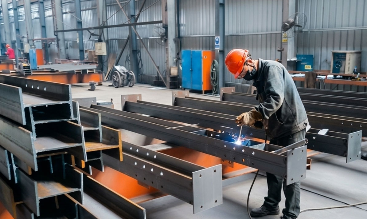 Worker welding connection plates and stiffeners onto H-section steel members during fitting in a fabrication workshop.